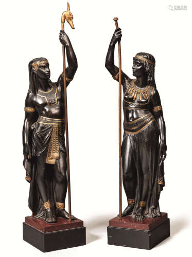 约1870年作 法国青铜及铜鎏金埃及侍从像 (一对)