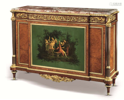 亨利·达松 约1884年作 法国桃花芯木贴皮嵌油画边柜