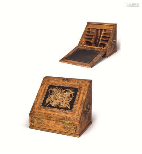 约1860年作 英国胡桃木细木镶嵌便携旅行文具箱