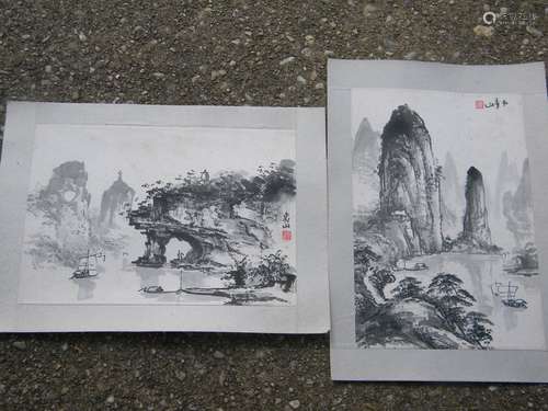 Two Vintage Chinese Ink Painting Mountain Scene