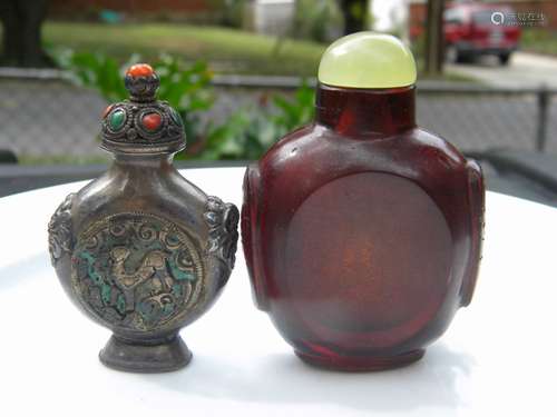 Two Antique Chinese Silver and Ruby Glass Snuff Bottles