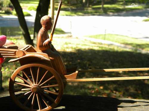 Antique Chinese Wood Carving of a car and a lady