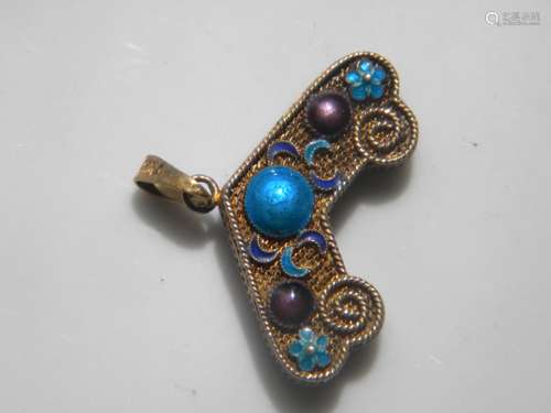 Antique Chinese Silver Filigree Enamel Ruyi Pendant