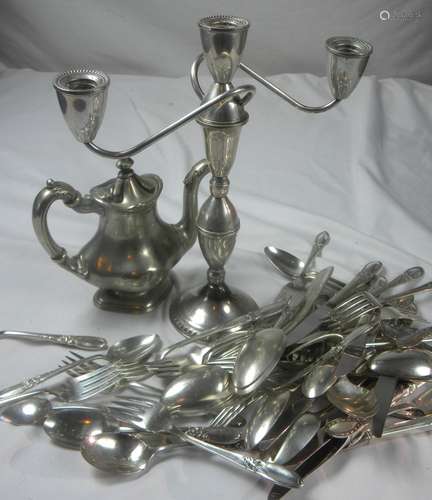 Group of Sterling Candle Holder, Teapot and Spoons, etc