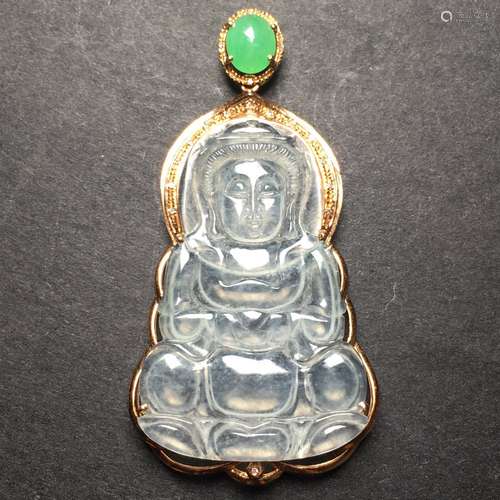 18K Gold Diamond White Jadeite Guanyin Pendant