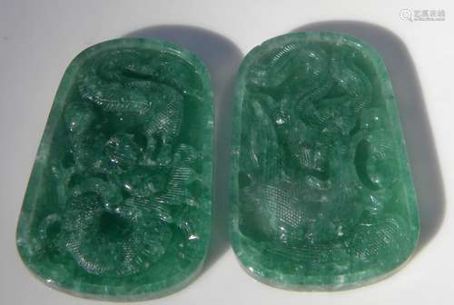 Pair of Natural Green Jadeite Phoenix Dragon Pendants