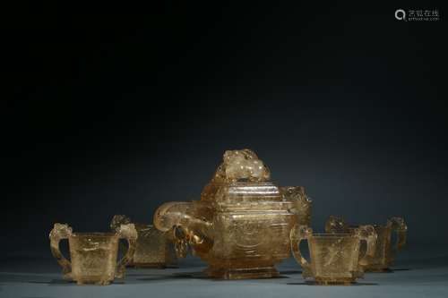 A set of five smoky quartz teapot and cups