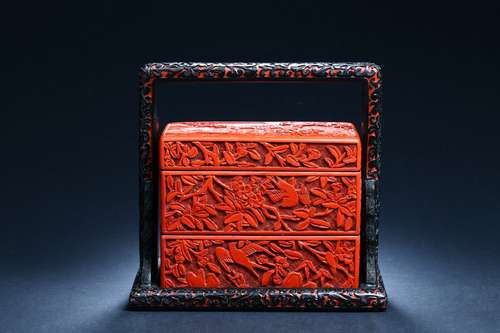 A cinnabar lacquer 'flower and birds' carry box