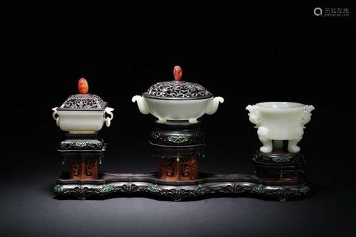 A set of there white jade censers with zitan stand