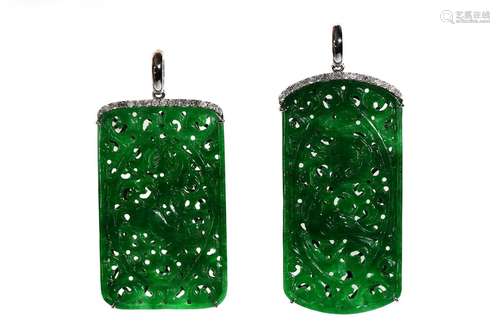 A pair of green jadeite diamond earrings