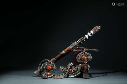 A set of Tibetan silver coral inlaid utensils