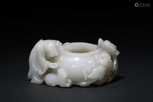 A white jade 'Luohan and dragon' washer