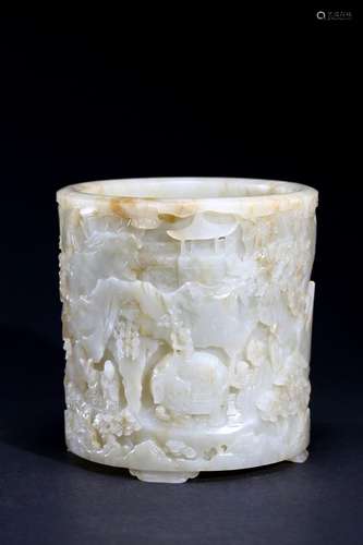 A very fine white jade carved cylindrical brushpot