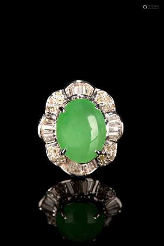 A 18K platinum jadeite jade diamond ring