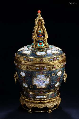 A large cloisonne enamel butter-tea jar with cover