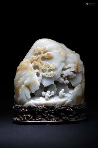 A white jade carved 'figures' mountain boulder