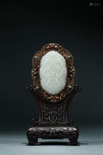 A white jade gems-inlaid gilt bronze panel