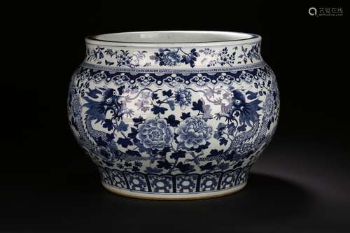 A white and blue 'dragon and flower' water vessel