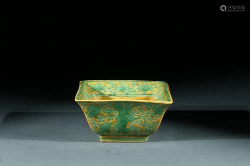 A yellow ground green enamel 'phoenix' square bowl