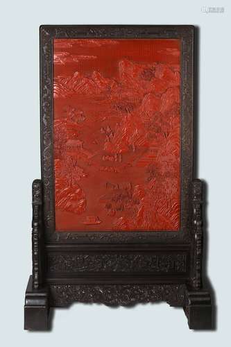 A large cinnabar lacquer landscape table screen