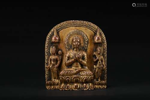 A gilt-bronze bodhisattva with two attendants