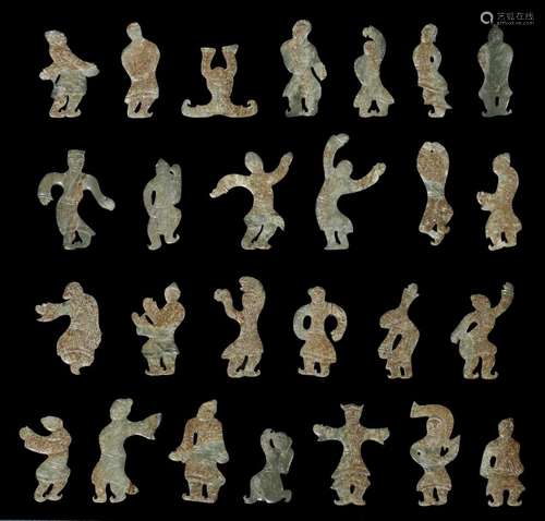 Two sets of archaic jade dancing figures