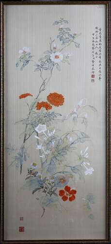 Fei Wei: color and ink on silk 'flowers' painting