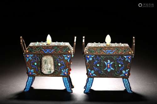 A pair of silver enamelled jadeite inlaid censers