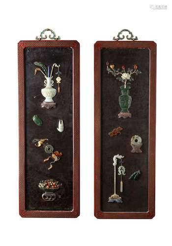 A pair of gems inlaid cinnabar frame panels