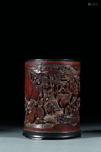 A bamboo carved figures brushpot