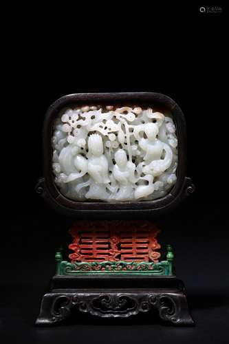 A zitan white jade 'figures' table panel