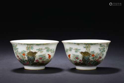 A pair of famille-rose 'flower and bird' bowls