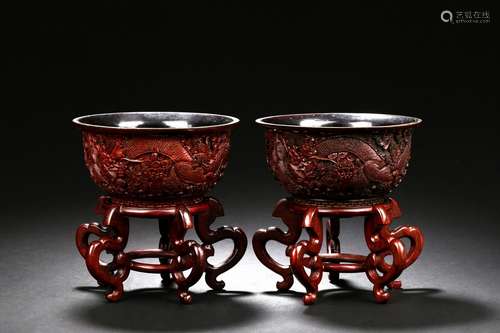 A pair of cinnabar lacquer dragon bowl with stand