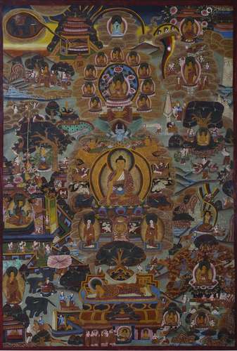 A framed Tibetan thangka