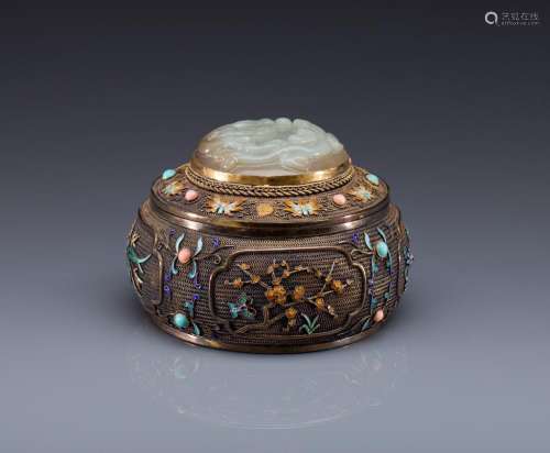 CHINESE SILVER VERMEIL & JADE BOX