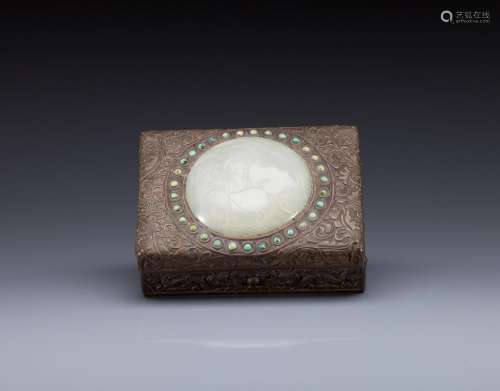 CHINESE METAL BOX WITH JADE RUYI PLAQUE