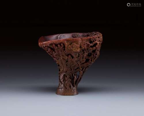 CHINESE CARVED RHINOCEROUS HORN LIBATION CUP