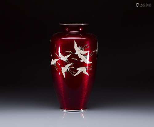 ANDO RED SILVER WIRED CLOISONNE VASE