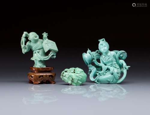 THREE TURQUOISE CARVED FIGURES
