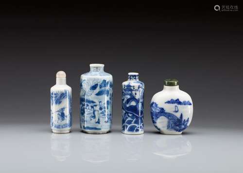 FOUR BLUE & WHITE PORCELAIN SNUFF BOTTLES