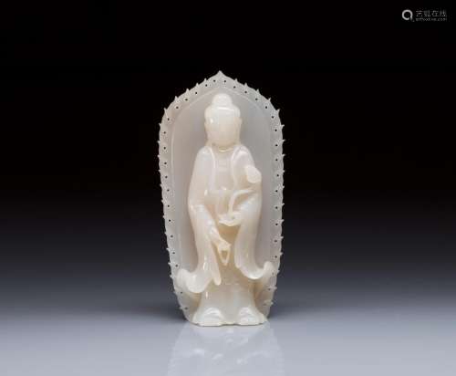 CARVED WHITE JADE STANDING GUANYIN FIGURE
