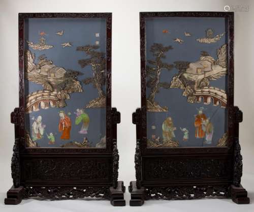 IMPORTANT PAIR OF CHINESE MIXED MATERIAL SCREENS