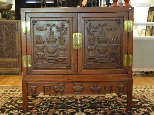 CHINESE CARVED HARDWOOD TWO DOOR LOW CABINET