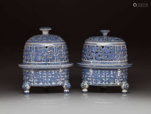 NEAR PAIR OF CHINESE BLUE & WHITE CENSERS