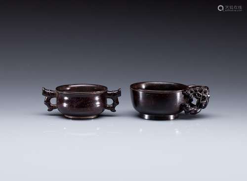 TWO CARVED ZITAN HARDWOOD LIBATION CUPS