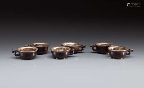 SIX ZITAN HARDWOOD CUPS WITH SILVER INSET