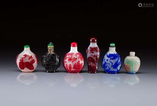 SIX OVERLAY GLASS SNUFF BOTTLES