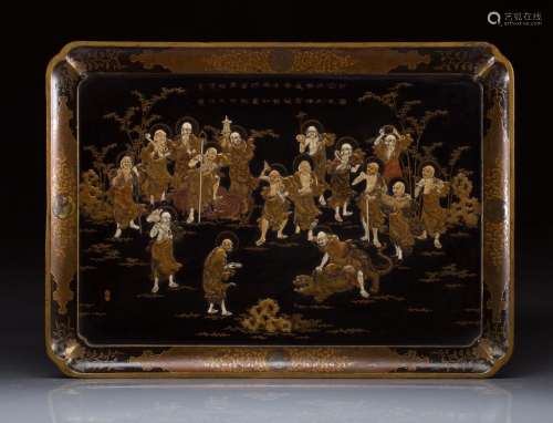 JAPANESE MEIJI LACQUER TRAY WITH SIXTEEN LOHANS