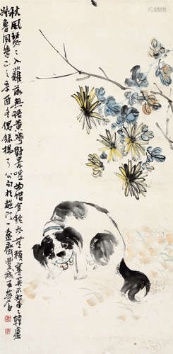 王云 辛酉（1921年）作 秋菊犬趣图 立轴 设色纸本