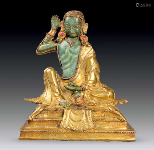 清 玉身鎏金铜米拉瑞巴高僧坐像